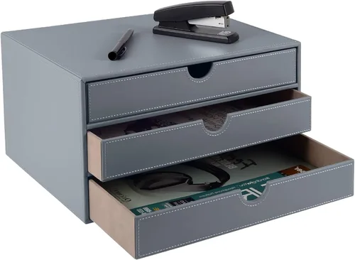 Miniatura 9 de Organizador de escritorio de piel sintética con 3 cajones, suministros de oficina ejecutivos, archivador A4, soporte para joyas, facturas, papel