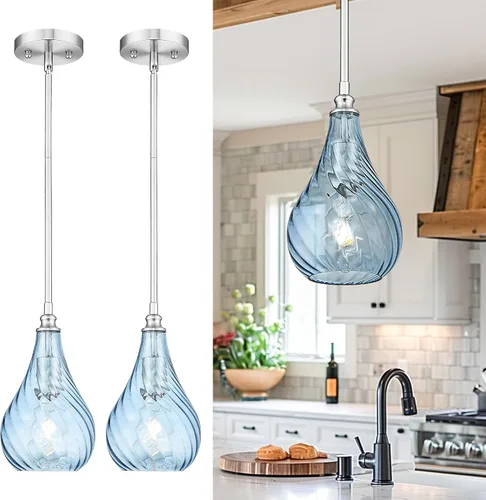 TENGXIN Paquete de 2 luces colgantes de cocina sobre isla de 6 pulgadas, luces colgantes, lámpara colgante de vidrio rayado con acabado dorado