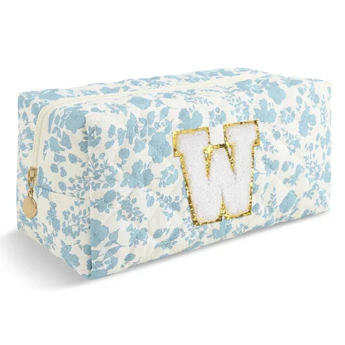 Miniatura 404 de Pequeña bolsa de maquillaje personalizada con inicial A-Z Preppy Patch, bolsa de cosméticos de viaje de felpilla blanca con cremallera, bonita bolsa