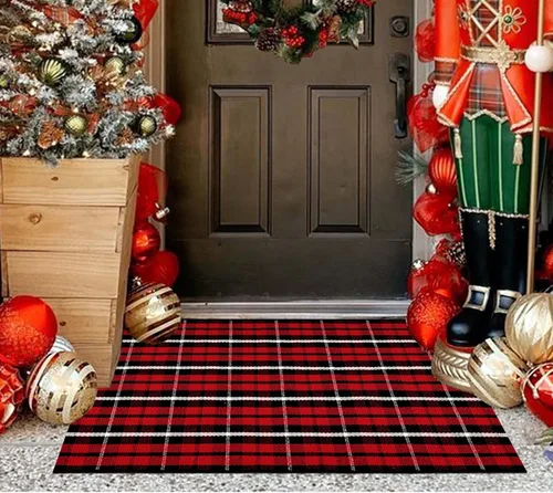 Miniatura 11 de Tapete verde y blanco para puerta delantera 24"x35", alfombra de porche delantero a cuadros búfalo, algodón tejido, lavable a máquina, reversible