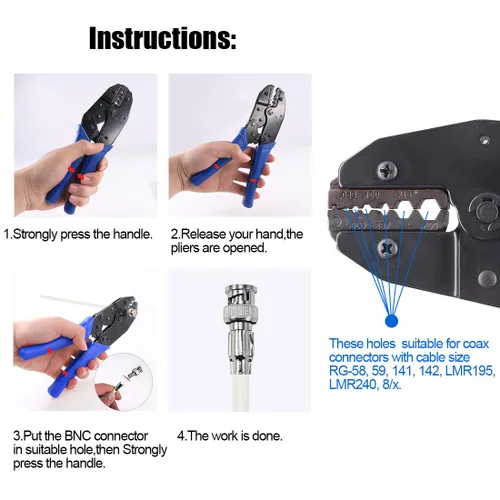 Miniatura 6 de Glarks - Juego de herramientas para cables coaxiales, herramienta de crimpado de conectores RF coaxiales + pelacables coaxiales + conectores machos