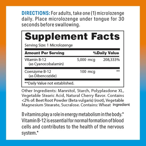 Miniatura 2 de Vitamin World Vitamina B-12 5000 mcg. Sublingual 60 micropastillas, apoya el metabolismo energético, apoya la salud del corazón