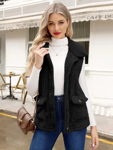 Miniatura 4 de Spadehill Chaleco de forro polar para mujer, chaleco de solapa cálido para otoño e invierno