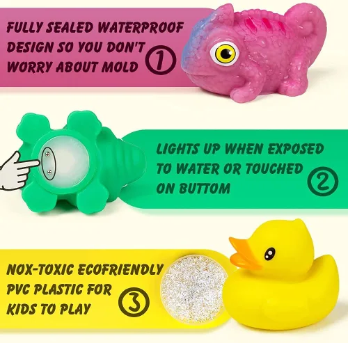 Miniatura 3 de Juguetes de baño Woby para niños de 1 a 3 años, juguetes de baño sin agujeros con luz LED para bebé, juguetes de baño para bebés, juego de animales