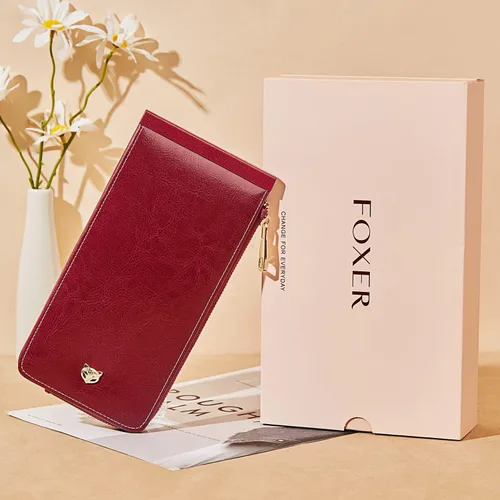Miniatura 7 de FOXLOVER Portatarjetas de crédito múltiples para mujer, con bloqueo RFID, cartera de cuero para mujer con bolsillo con cremallera, rojo vino