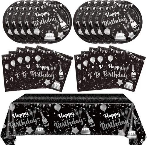 Miniatura 8 de Juego de 41 piezas de vajilla de decoración de fiesta de cumpleaños azul marino y negro, incluye platos, servilletas, mantel para hombres y mujeres