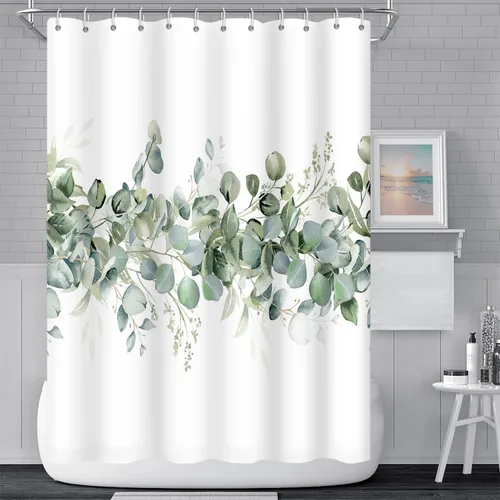 Miniatura 18 de Cortinas de ducha botánicas verdes de 36 x 72 pulgadas, hojas de eucalipto naturales de primavera para minimalismo moderno, decoración de baño, tela