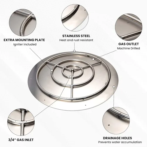 Miniatura 3 de Kit estándar de quemador de fogata de acero inoxidable Dreffco con anillo y sartén y encendido por chispa para gas natural, sartén de 36 pulgadas