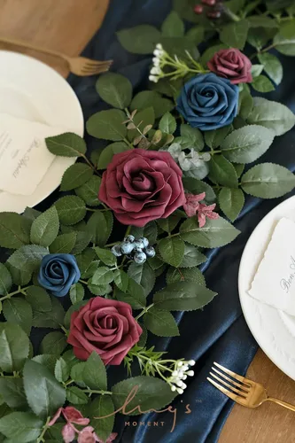 Miniatura 3 de Ling's moment Guirnalda de Flores Artificiales de 5 Pies en Color Burdeos Arco Floral Azul Marino Centro de Mesa Rosa y Hojas para Bodas Fiestas
