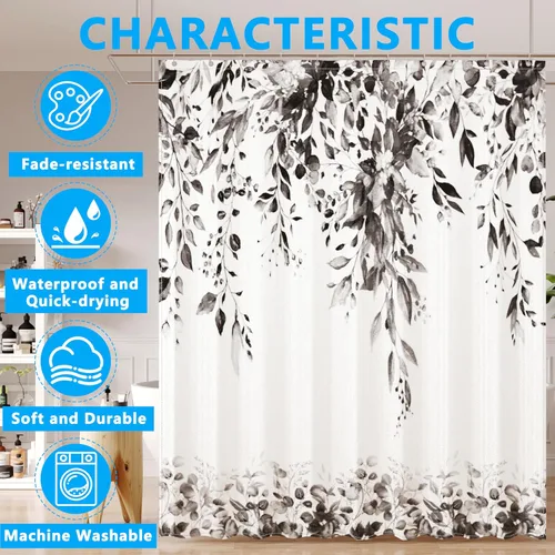 Miniatura 4 de Cortina de ducha de hojas de eucalipto negras para baño: juego de cortinas de ducha con acuarela de arte estético con ganchos, decoración de tela