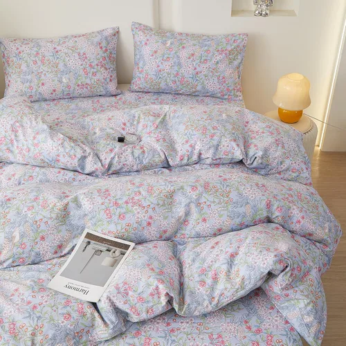 Miniatura 51 de Juego de funda de edredón blanca con estampado floral azul, juego de ropa de cama de algodón suave estilo bohemio, juego de ropa de cama estética