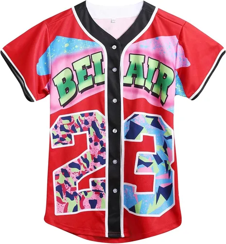 Miniatura 14 de Ropa de los años 90 para mujer, traje unisex de hip hop para fiesta, camiseta de béisbol Bel Air, camisa de manga corta con botones