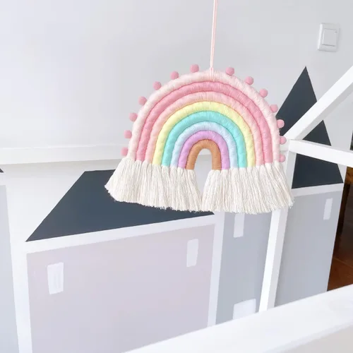 Miniatura 8 de Decoración grande de macramé para colgar en la pared, guirnalda de pompones hecha a mano, decoración de arco iris para habitación de niños, niñas