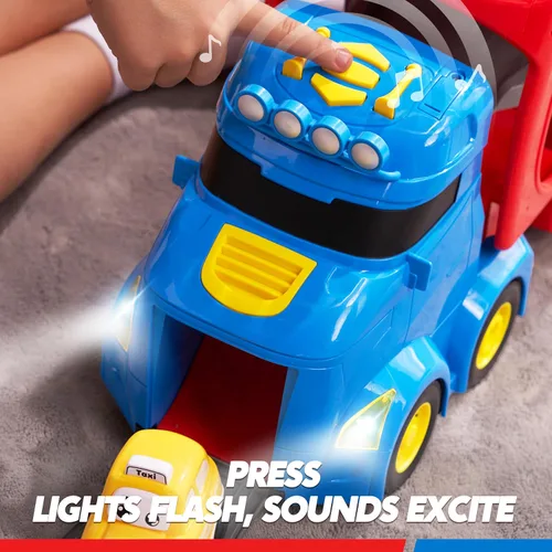 Miniatura 3 de Vroomix Camiones de Juguete Extra Grandes para Niños Pequeños, Camiones de Ciudad de 3 Niveles para Niños, Camión Transportador Grande 7 en 1