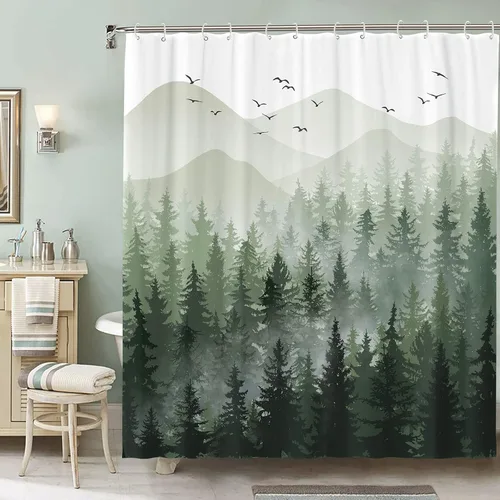 Miniatura 5 de Accnicc Juego de cortinas de ducha con diseño de bosque nebuloso, naturaleza, montaña, pino, cortinas de ducha para baño, ombre verde salvia blanco