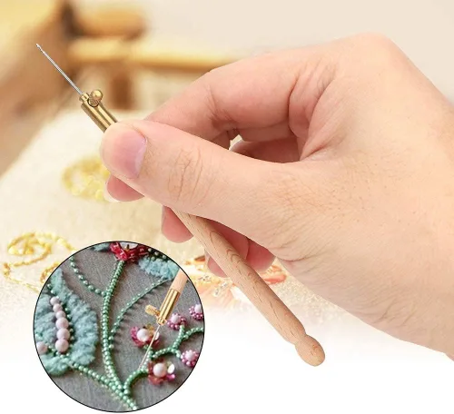 Miniatura 7 de Gancho de ganchillo francés con mango de madera, juego de agujas de bordar con cuentas para tejer, herramientas de bordado con 3 agujas