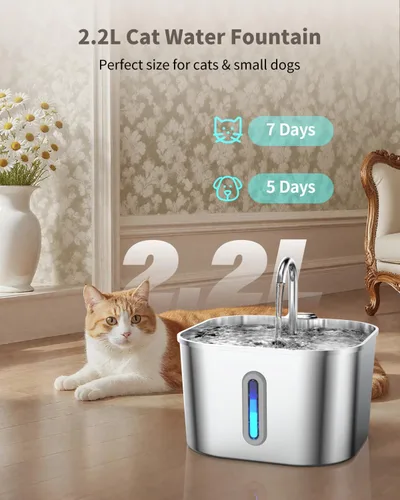 Miniatura 2 de Fuente de agua para gatos de acero inoxidable, fuente para gatos de 74 oz/2.2 L con bomba silenciosa, dispensador automático de agua para mascotas