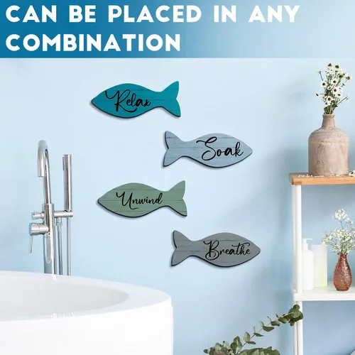 Miniatura 4 de 4 piezas de decoración de pared de peces de madera para playa, baño, decoración de pared costera, decoración de verano para el hogar, spa y baño