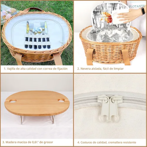 Miniatura 4 de Hap Tim Juego de Cesta de Picnic de Mimbre para 2 con Mini Mesa Plegable de Vino para Picnic y Bolsa Refrigeradora Grande Aislada y Kits de Servicio