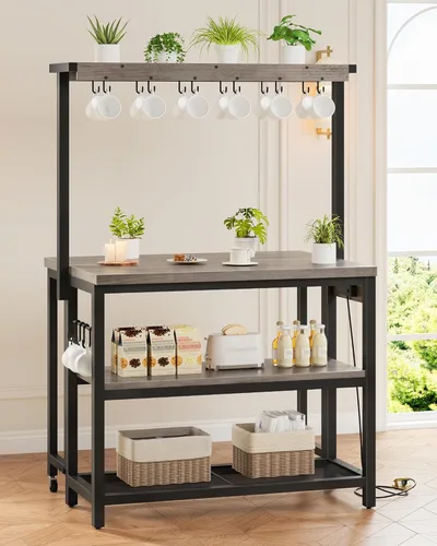Miniatura 2 de CHOEZON Isla de cocina con toma de corriente, mesa de isla de cocina con parte superior plegable, islas de almacenamiento estacionario, barra