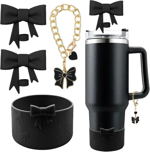 Miniatura 29 de Conjunto de accesorios para taza Hpebl para Stanley, incluye 2 tapas de pajita con moño lindo de 10 mm, tapones reutilizables para pajita, 1 funda