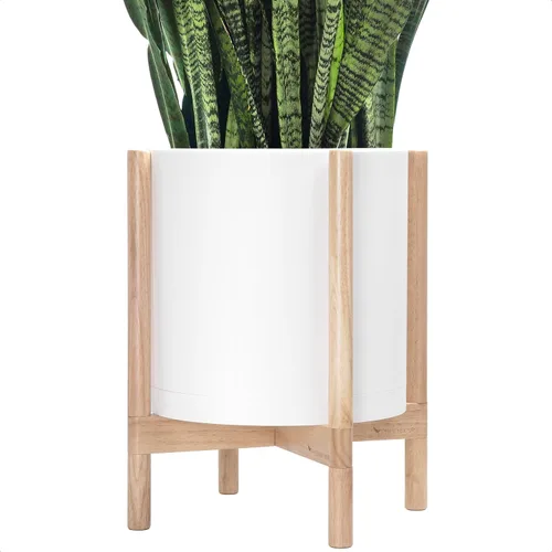 Miniatura 47 de Maceta de D'vine Dev con soporte - Maceta de flores de cilindro de plástico de 8.0 pulgadas con soporte de madera para interiores, maceta mate negra