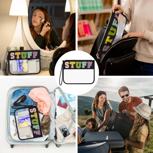 Miniatura 7 de Bolsa transparente con letras de chenilla, bolsa transparente con cremallera para viajes, bolsa de cosméticos transparente de PVC, bolsa portátil