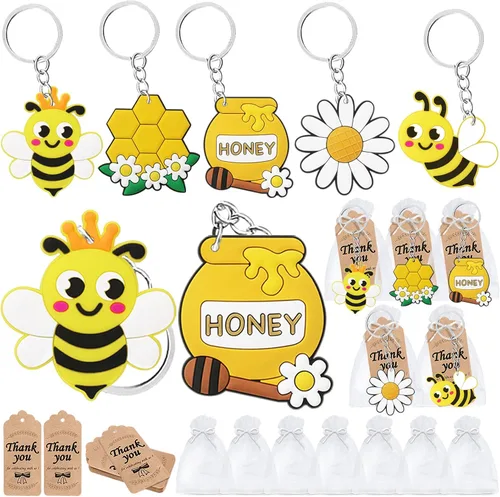 CiciBear Paquete de 60 recuerdos de fiesta de abejas con corona, lindo, panal, panal y girasol, 20 etiquetas y 20 bolsas para baby shower,