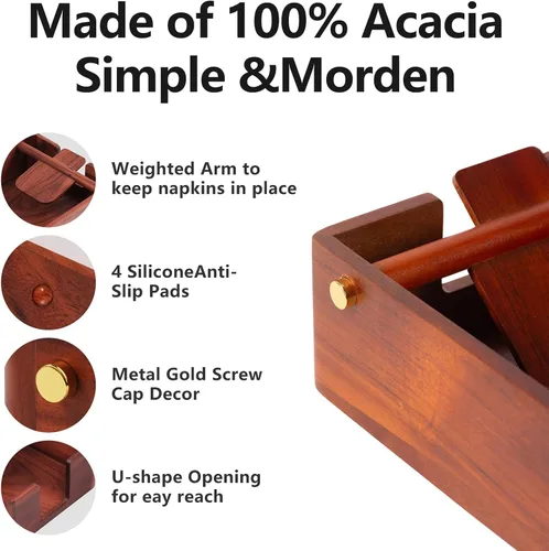 Miniatura 4 de Servilletero de acacia natural para mesa, dispensador de servilletas, servilletero decorativo para bebidas, para cocina, hogar, bar (natural)