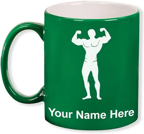 Miniatura 13 de LaserGram Taza de café redonda de cerámica de 11 oz, culturista, grabado personalizado incluido (negro)