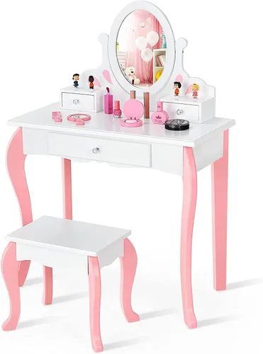 Miniatura 10 de HONEY JOY Juego de tocador para niños, Espejo ovalado de rotación 360 grados, juego de tocador de maquillaje de princesa para niñas pequeñas, juego