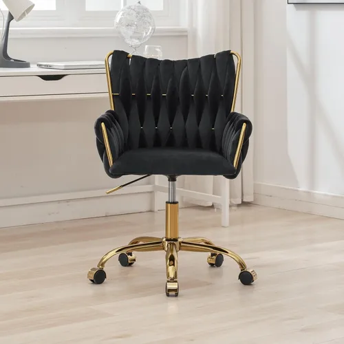 Miniatura 2 de Westice Silla de escritorio de terciopelo, cómoda silla dorada para oficina en casa con respaldo alto tejido a mano, silla giratoria de altura Negro