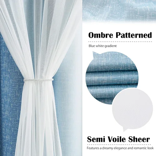 Miniatura 2 de Cortinas 100% opacas con superposición de gasa Mix and Match de doble capa, 54 pulgadas de largo, 2 paneles para dormitorio y sala de estar, azul