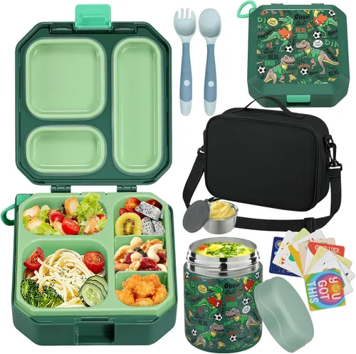 Miniatura 8 de wiwens Lonchera Bento para Niños con Termo para Sopa de 12 oz a Prueba de Fugas, Contenedor de Comida para Almuerzo con 5 Compartimentos, Frasco