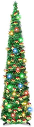 Miniatura 9 de Árbol de Navidad de 5 pies tipo lápiz, árbol artificial plegable con lentejuelas, árbol de Navidad tipo lápiz delgado con escarcha, árbol de Navidad