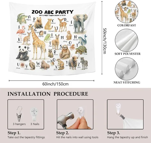 Miniatura 7 de MNASAIOO Tapiz de pared para colgar en la pared del alfabeto de animales del zoológico para el aula, para dormitorio, cuarto de bebé, tapices