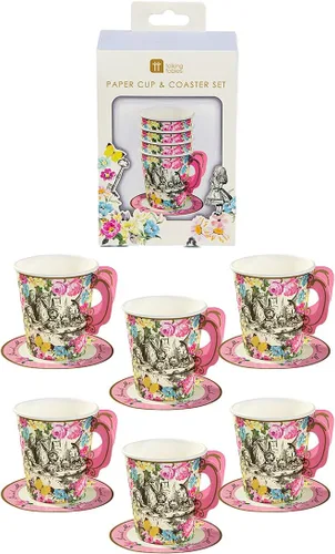 Miniatura 5 de Talking Tables Paquete de 24 platos de papel desechables con temática de Alicia en el país de las maravillas, color rosa y juego de tazas
