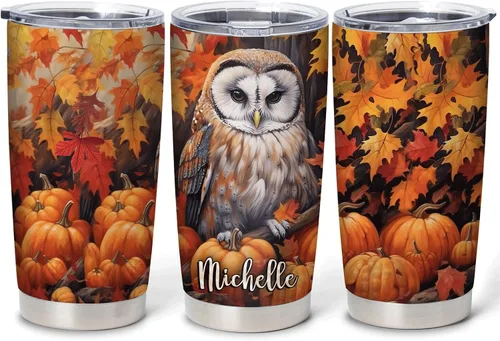 Miniatura 12 de Hyturtle Vaso Personalizado para Amantes de Búhos - Vaso de Café de Acero Inoxidable con Impresión de Búhos y Nombre Personalizado 590 ml con Tapa