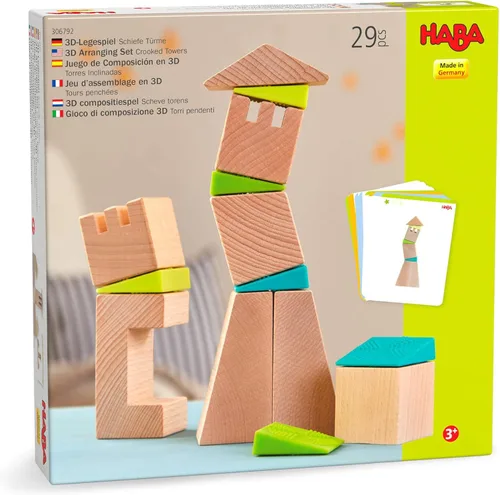 HABA Juego de bloques de construcción para niños, torre torcida, 19 bloques de madera y 6 cuñas con tarjetas de patrón para niños mayores de 4 años,