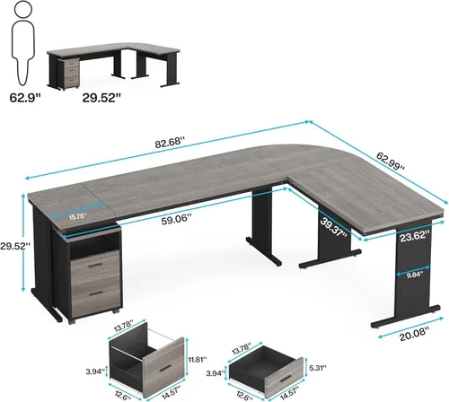 Miniatura 3 de LITTLE TREE Escritorio ejecutivo grande de 82.67 pulgadas de largo en forma de L para computadora con archivador móvil de 3 cajones, mueble
