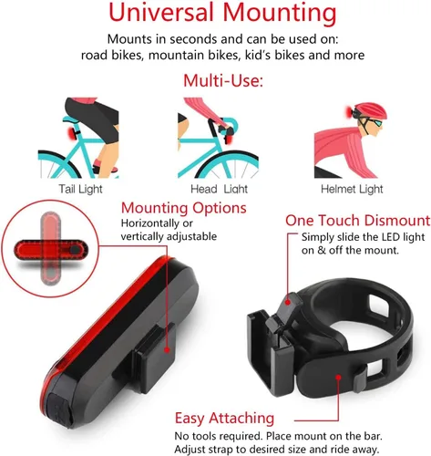 Miniatura 6 de Paquete de 2 luces traseras de bicicleta recargable, luz trasera roja para bicicleta de noche, luces traseras de bicicleta con gran duración