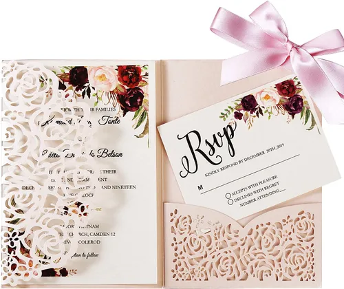 Kit de invitación de boda en blanco de 5.1 x 7.1 pulgadas, 20 unidades, color rosa rubor, cortadas con láser, invitaciones de bolsillo con sobres