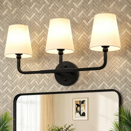 Miniatura 9 de MOKATNG Lámparas de baño, 3 luces doradas cepilladas, accesorios de iluminación de baño sobre espejo con pantalla de tela blanca acampanada