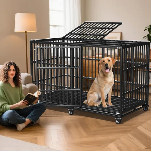 Miniatura 7 de Jaula para perros de 64 pulgadas, resistente, indestructible, para razas gigantes extra grandes, puertas dobles, ruedas con cerradura, alta