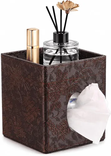 Miniatura 10 de LAMOTI Funda de cuero para caja de pañuelos con bandeja de almacenamiento, soporte cuadrado para caja de pañuelos faciales para baño, mesa de Negro