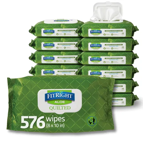 Toallitas húmedas de limpieza personal FitRight Aloe Quilted Heavyweight, sin perfume, 576 unidades, 8 x 12 pulgadas, toallitas grandes para adultos