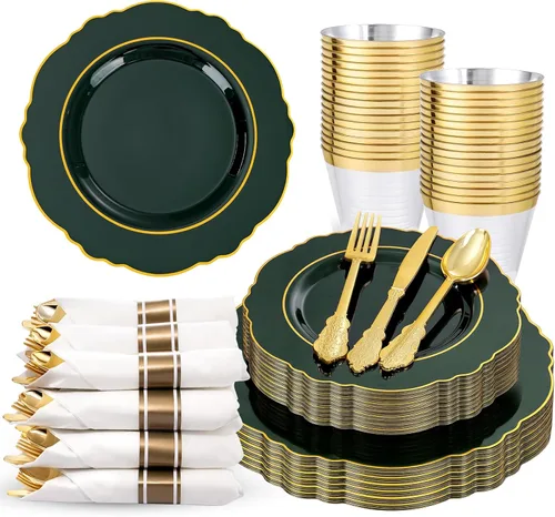 Miniatura 17 de Liacere 175 piezas Platos de Plástico Dorados - Blancos y Dorados Desechables, 50 PIEZAS Platos de Plástico para Cena, Perfectos para Bodas