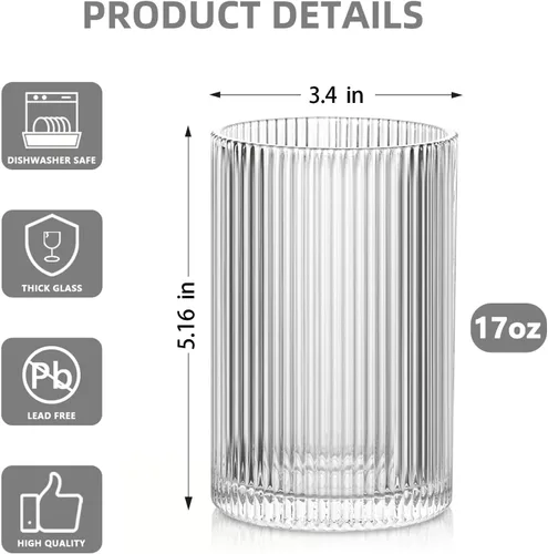 Miniatura 2 de INSETLAN Juego de 4 vasos de cristal acanalados de 17 onzas, vasos de cristal juego de cristalería vintage grande, vasos de cóctel estilo origami