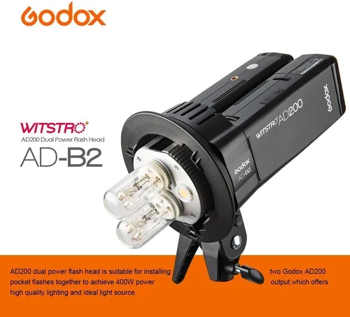 Miniatura 8 de Godox AD-B2 Dual Power Twin Head Bowens Mount para instalar 2 Godox AD200Pro II o AD200 Pro Pocket Flash o Flashpoint eVOLV 200 TTL Modular Strobe