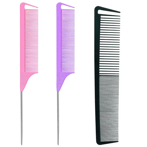 Miniatura 12 de Peine de cola de rata, peine de fibra de carbono, 3 piezas, trenzas de separación, peine de acero inoxidable, peine de peluquería para mujeres